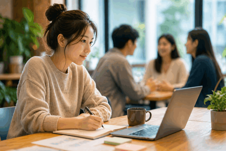 在咖啡廳努力想要在社群中參與新領域社群討論的女孩