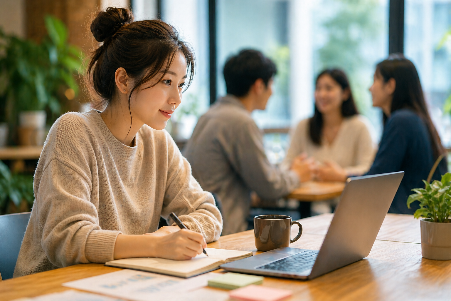 在咖啡廳努力想要在社群中參與新領域社群討論的女孩